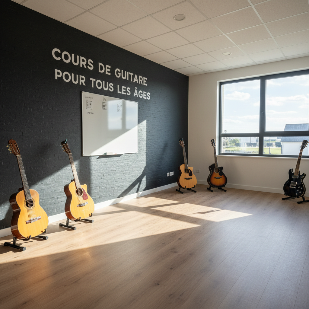 A wide, photographic realism view of a bright guitar classroom in Plérin, with several different guitars neatly arranged on individual stands along one wall: classical, steel-string acoustic, and a sleek black electric guitar, all with distinct wood grains and glossy finishes. The room features light oak laminate flooring, a dark slate accent wall with a large, bold white text “Cours de guitare pour tous les âges,” and a whiteboard with chord diagrams in the background. Late afternoon natural light pours through a tall window, creating long, dynamic shadows and vivid highlights on the instruments. Captured from a slightly elevated angle with sharp focus throughout, the composition emphasizes order, energy, and accessibility, reflecting a modern, welcoming guitar school.